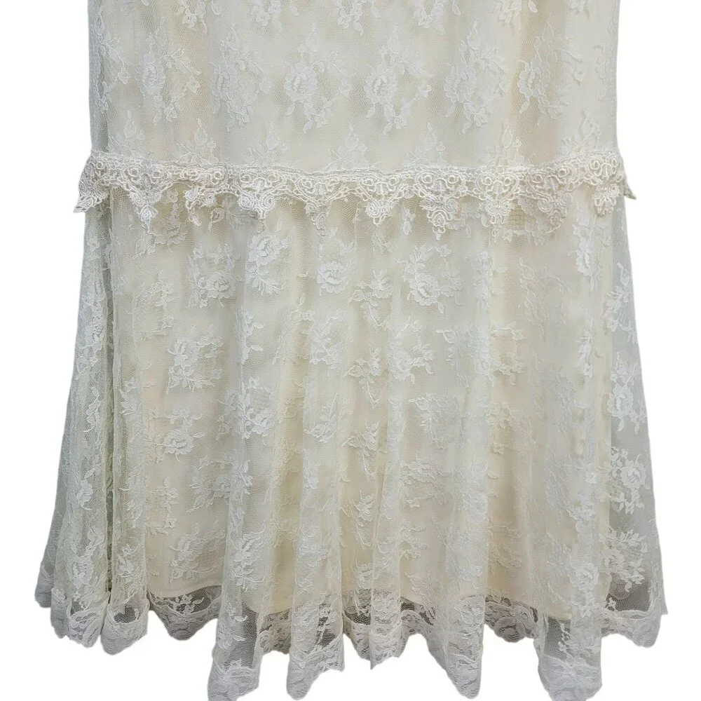 Vintage 80s Lace Midi Dress Women 12 Cream 20s Style Formal Wedding Retro Summer - Picture 8 of 13